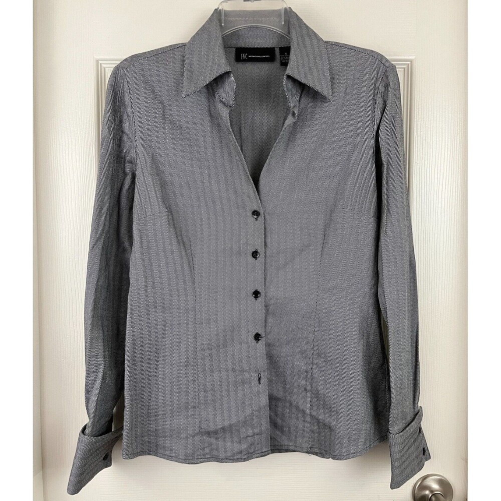 INC - Black White Chevron Long Sleeve Fitted Stretch Button Up Shirt Blouse sz 4